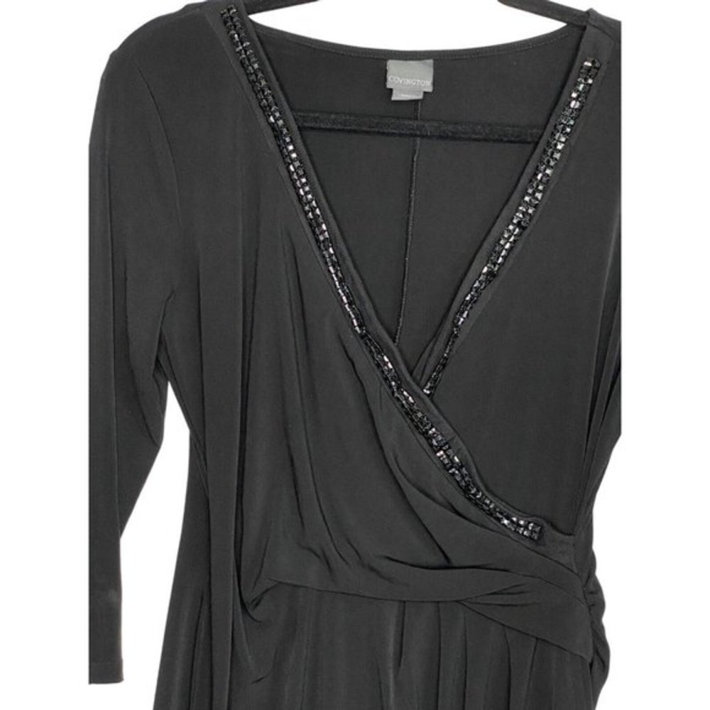 Covington Faux Wrap Dress Shiny Black Embellishment Little Black Cocktail Medium - Picture 2 of 9